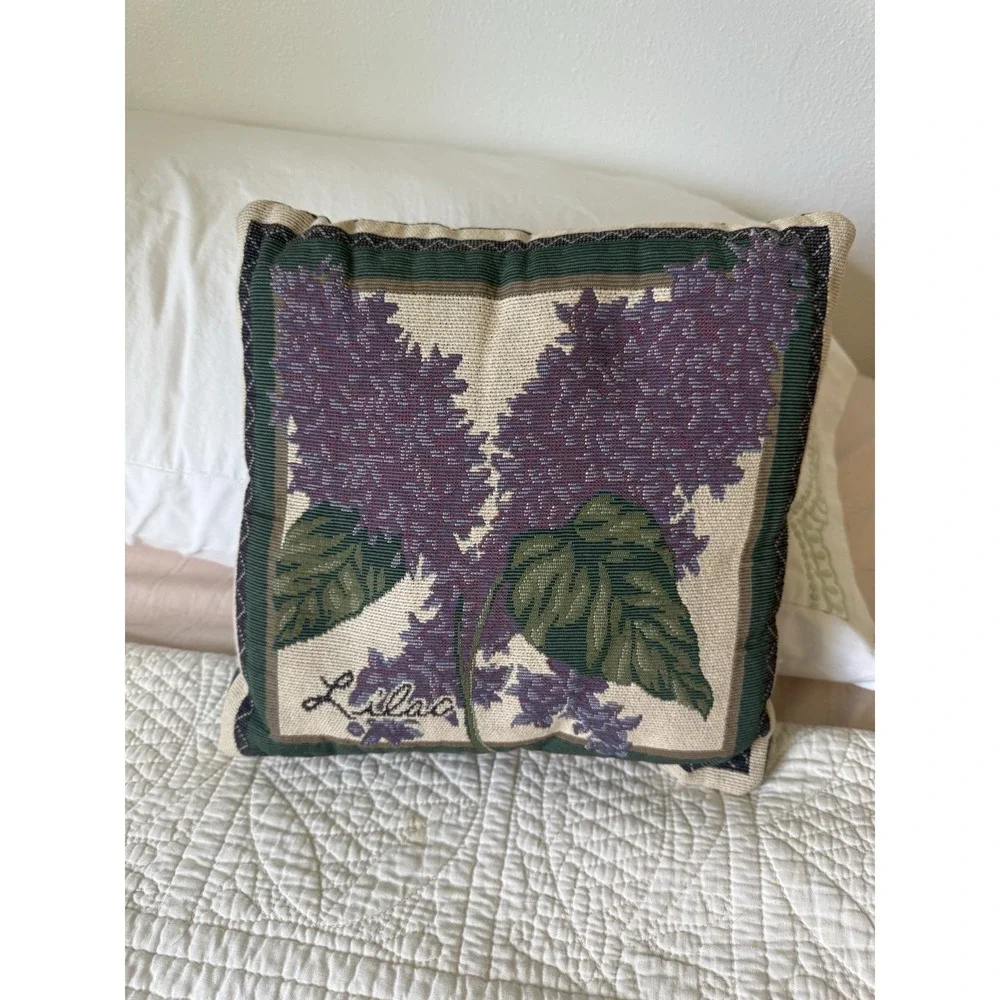 Vtg Lilac Floral Tapestry Throw Pillow Cottagecore Purple Green 11